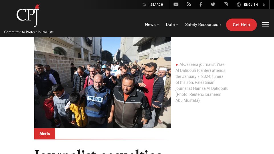 Screenshot of cpj.org: Journalist casualties in the Israel-Gaza war