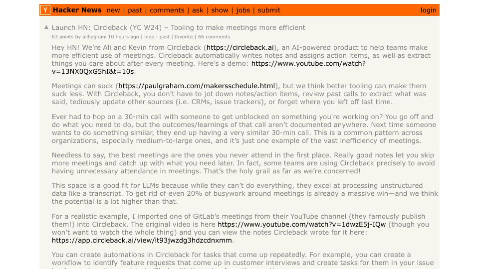 Screenshot of Hacker News post: Launch HN: Circleback (YC W24) – Tooling to make meetings more efficient