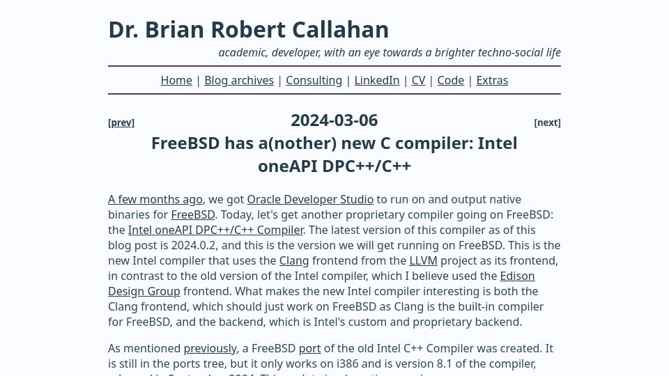 Screenshot of briancallahan.net: FreeBSD has a(nother) new C compiler: Intel oneAPI DPC++/C++