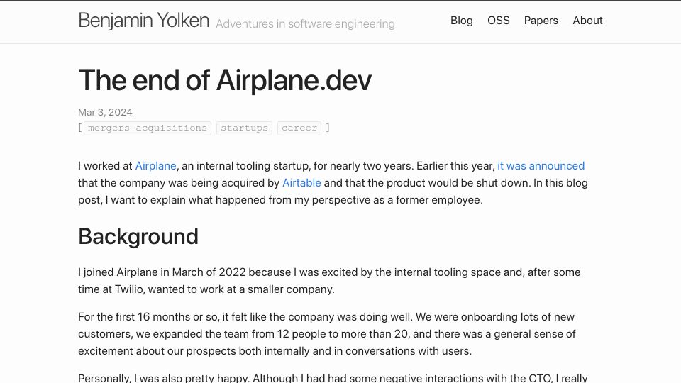 Screenshot of yolken.net: The end of Airplane.dev