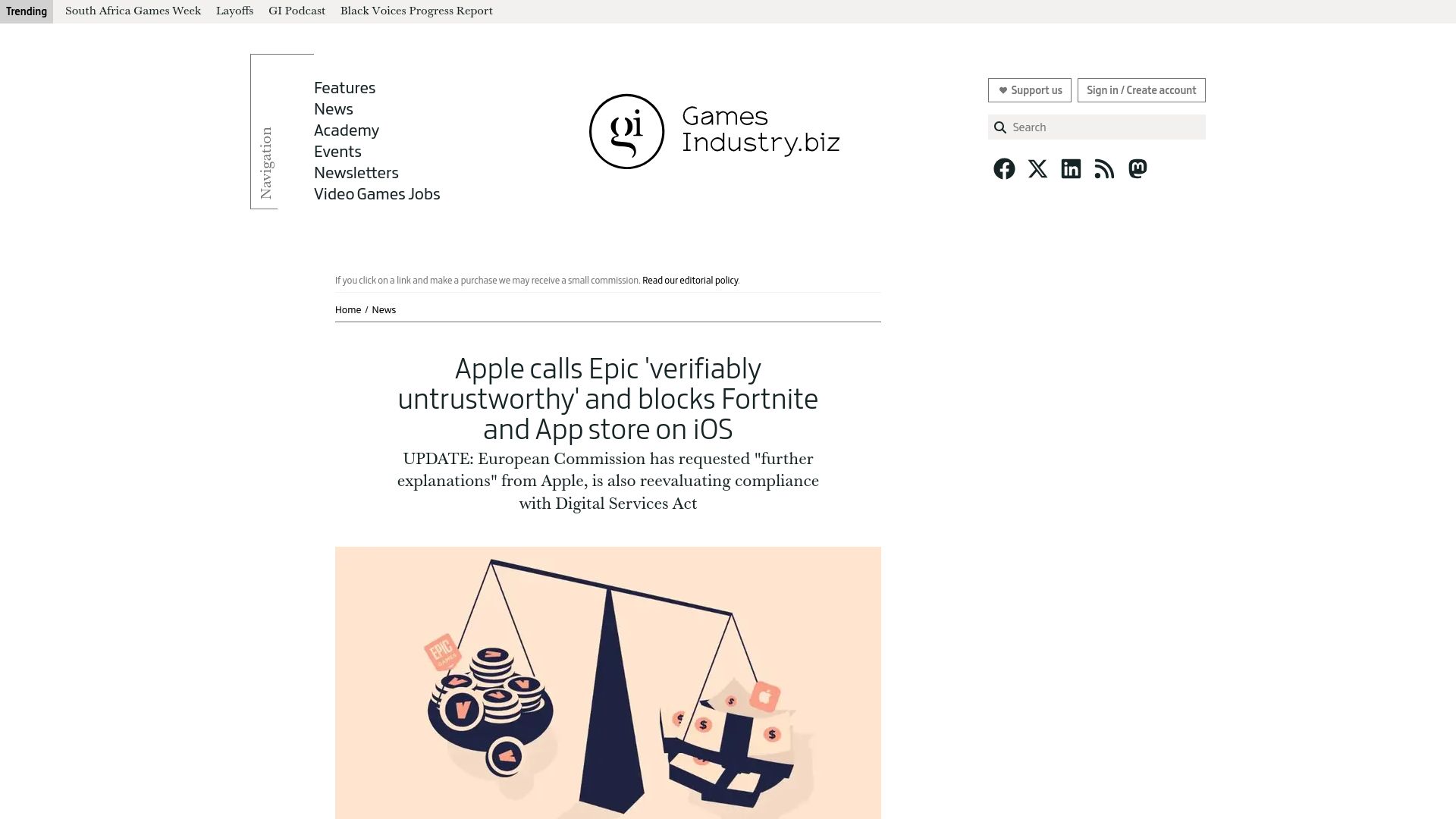 Screenshot of gamesindustry.biz: Apple calls Epic 'verifiably untrustworthy' and blocks Fortnite and App store