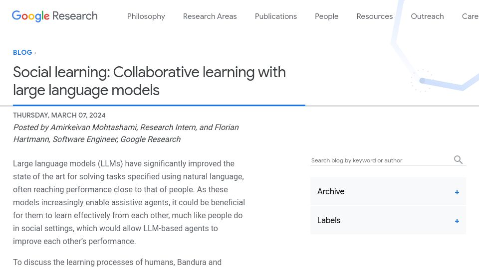 Screenshot of blog.research.google: Social learning: Collaborative learning with large language models