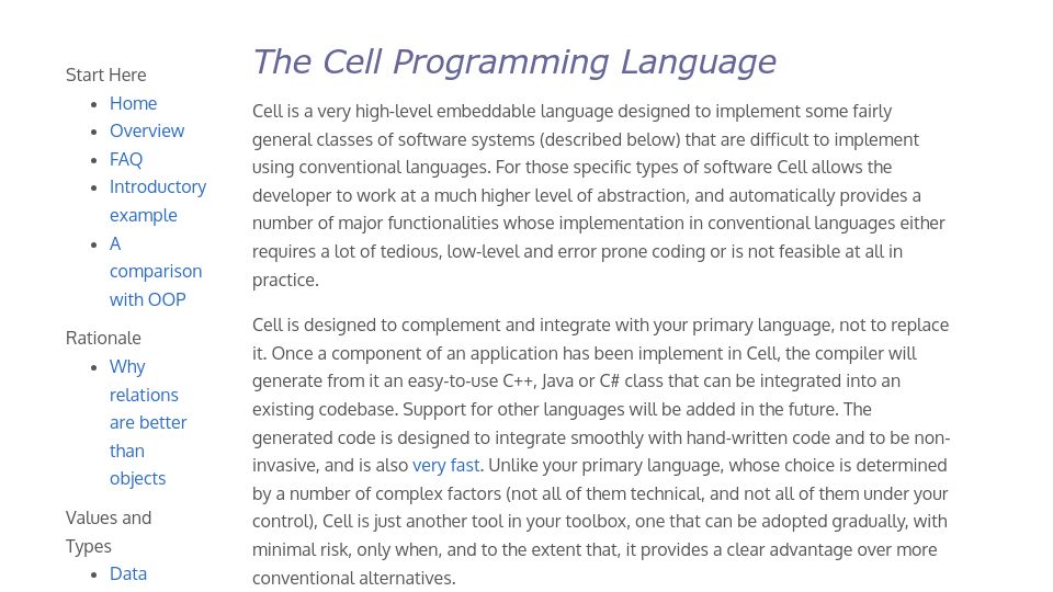 Screenshot of cell-lang.net: The Cell Programming Language
