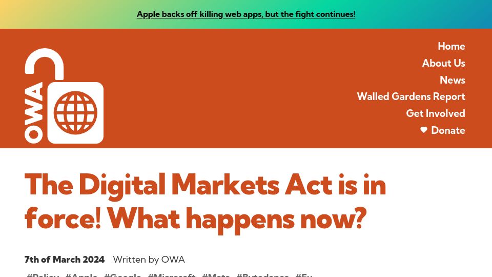 Screenshot of open-web-advocacy.org: The Digital Markets Act is in force What happens now?