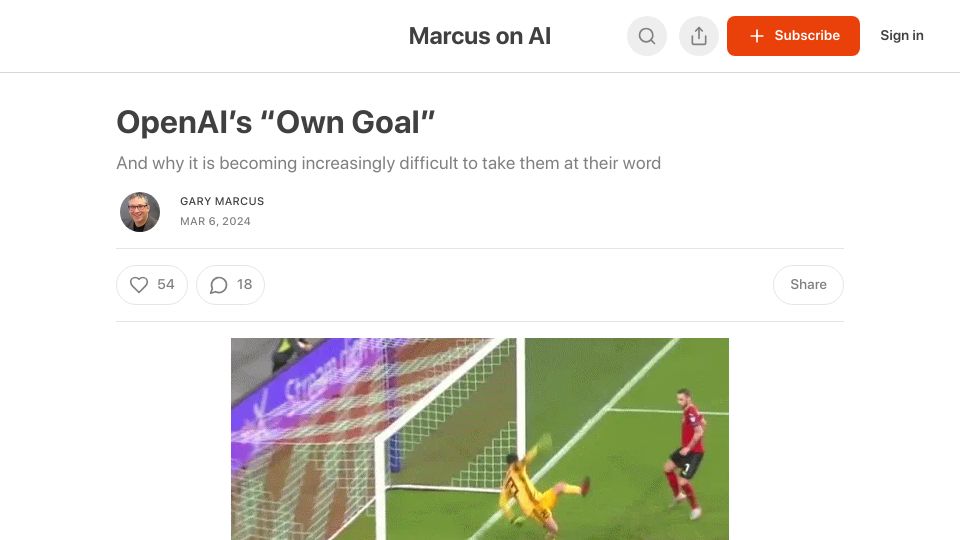 Screenshot of garymarcus.substack.com: OpenAI's "Own Goal"