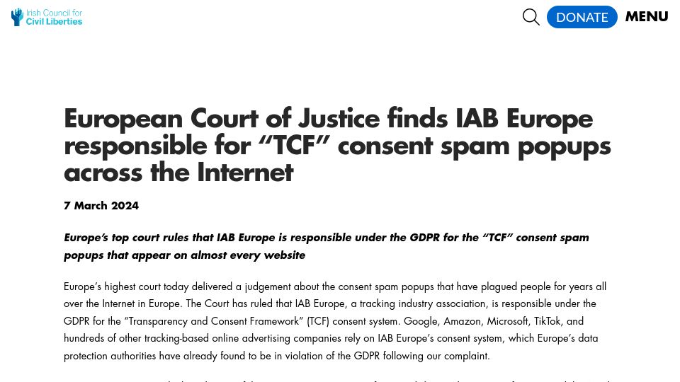 Screenshot of iccl.ie: ECJ finds IAB Europe responsible for TCF consent spam popups across the Internet