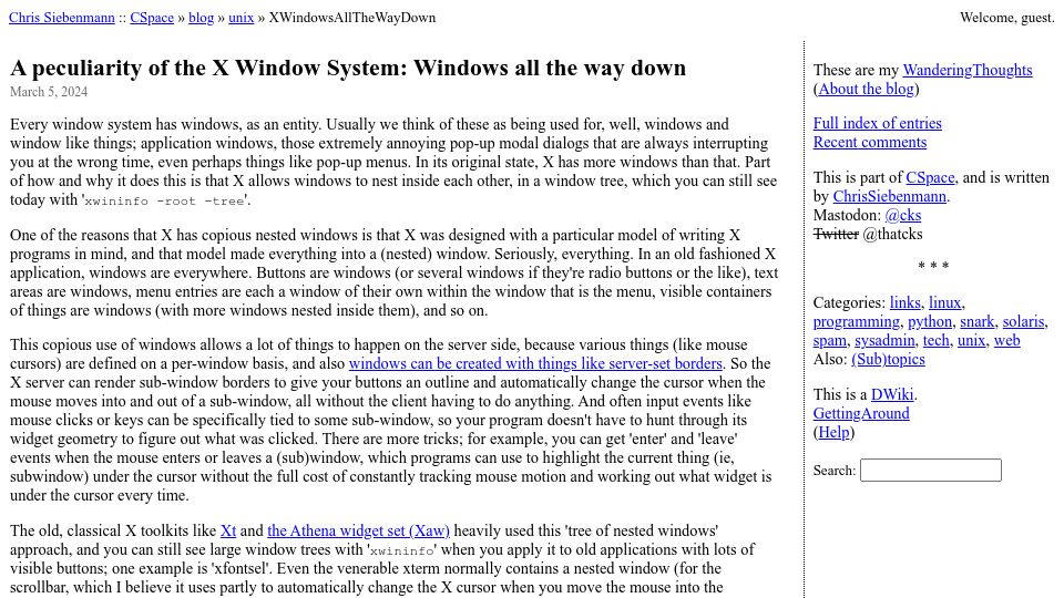 Screenshot of utcc.utoronto.ca: A peculiarity of the X Window System: Windows all the way down
