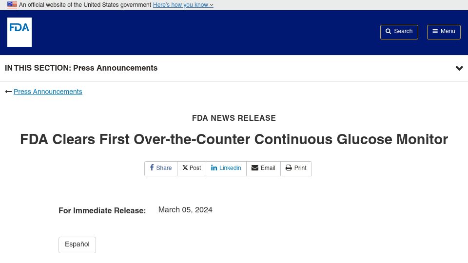 Screenshot of fda.gov: FDA clears first over-the-counter continuous glucose monitor
