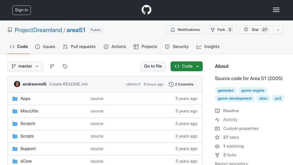 Screenshot of github.com: Source Code for Area 51 (2005) by Midway Studios Austin Found at Garage Sale