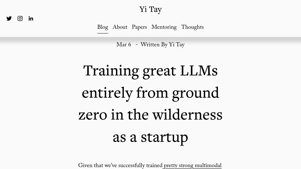 Screenshot of yitay.net: Training LLMs from ground zero as a startup