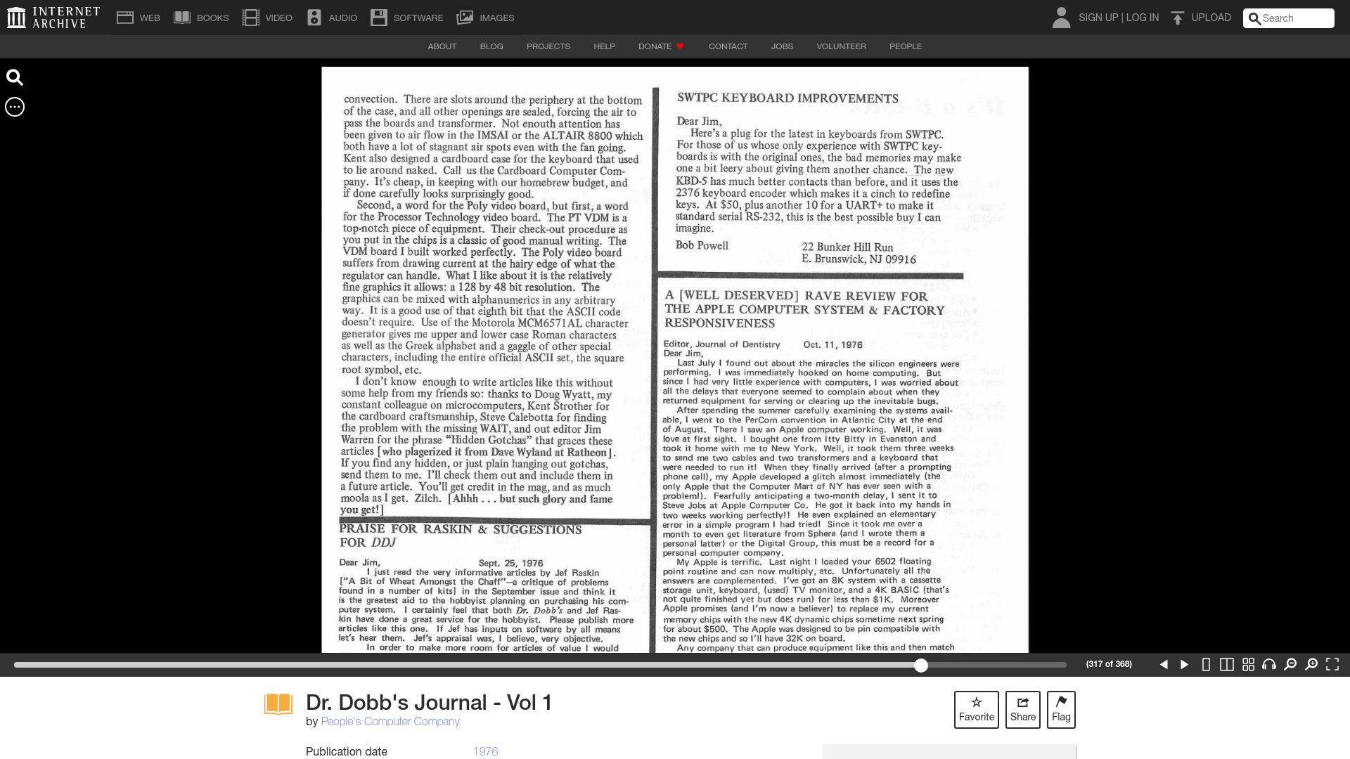 Screenshot of archive.org: Dr. Dobb's Journal – Vol 1 (1976)