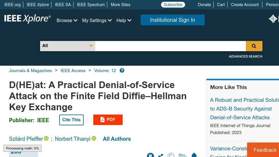 Screenshot of ieeexplore.ieee.org: D(HE)at: A Practical DoS Attack on the Finite Field Diffie–Hellman Key Exchange