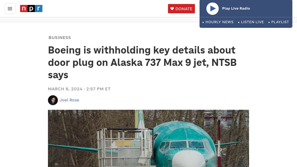 Screenshot of npr.org: NTSB says Boeing is withholding key details about door plug on Alaska 737 MAX 9