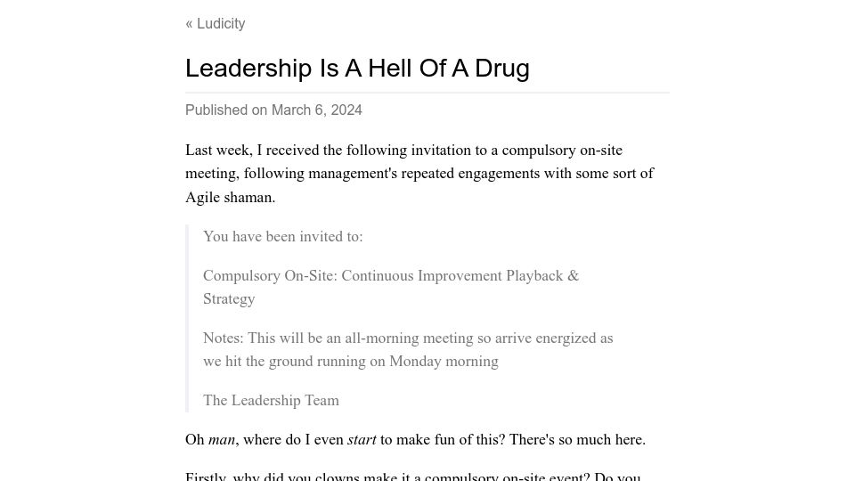 Screenshot of ludic.mataroa.blog: Leadership is a hell of a drug