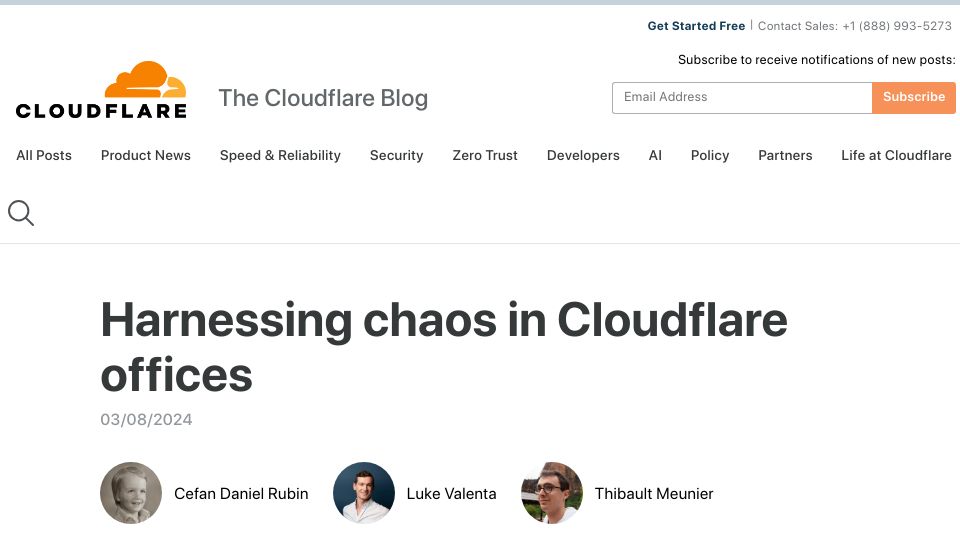 Screenshot of blog.cloudflare.com: Harnessing chaos in Cloudflare offices