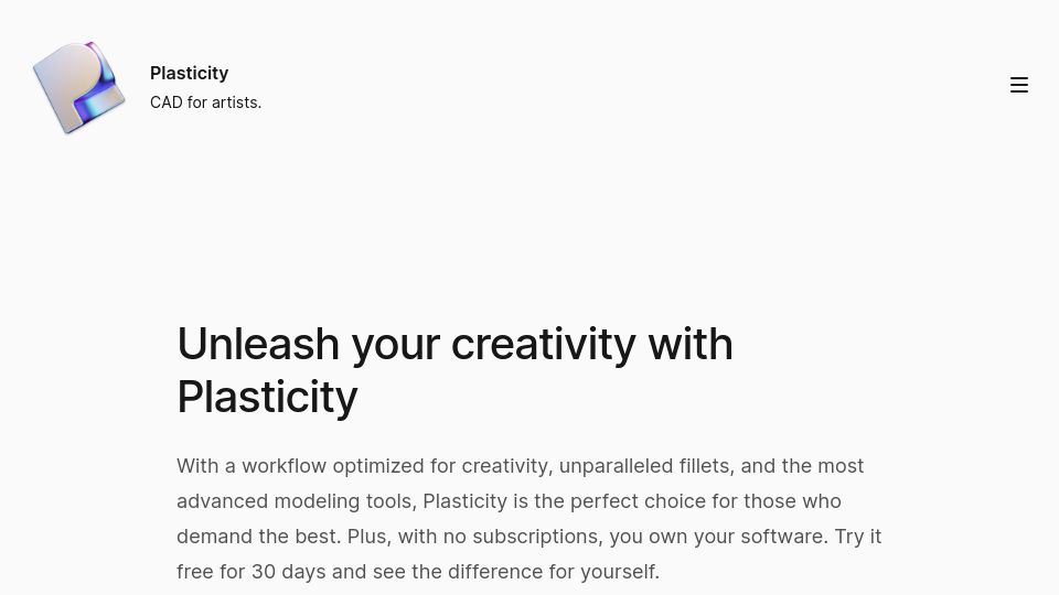 Screenshot of plasticity.xyz: Plasticity: CAD for Artists