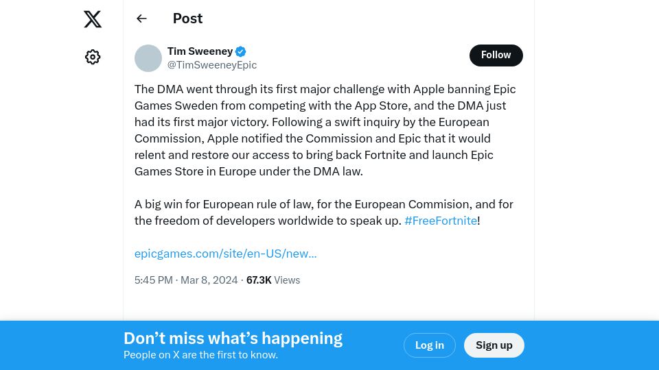 Screenshot of twitter.com: Apple restores Epic's account in the EU