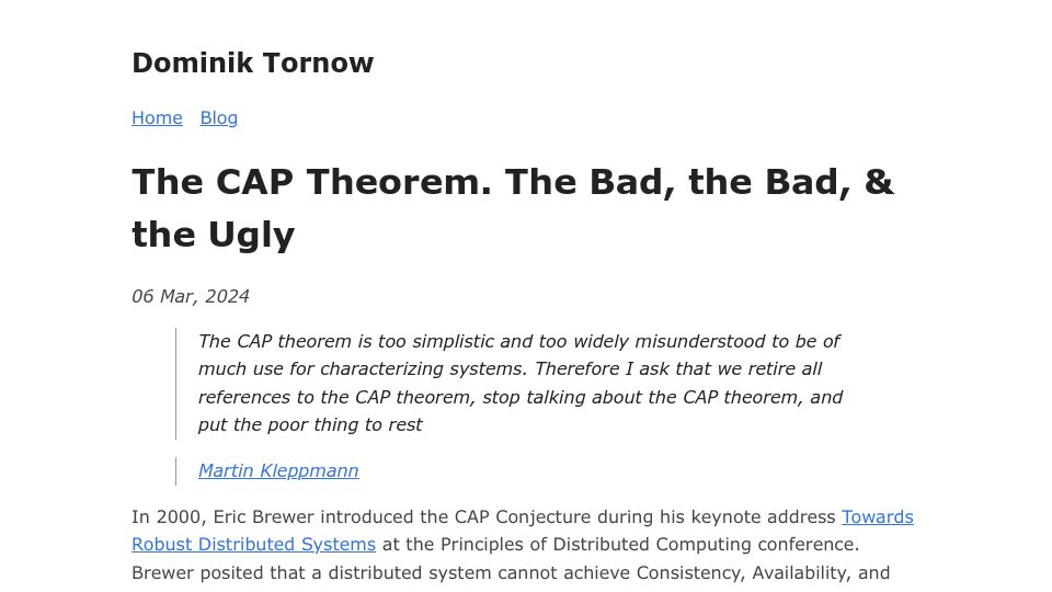 Screenshot of blog.dtornow.com: The CAP theorem. The Bad, the Bad, & the Ugly