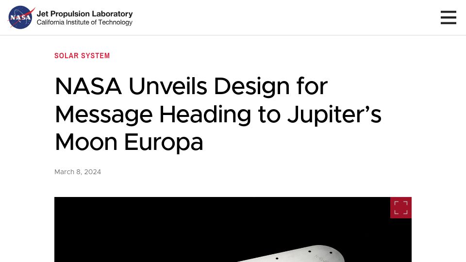 Screenshot of jpl.nasa.gov: NASA Unveils Design for Message Heading to Jupiter's Moon Europa