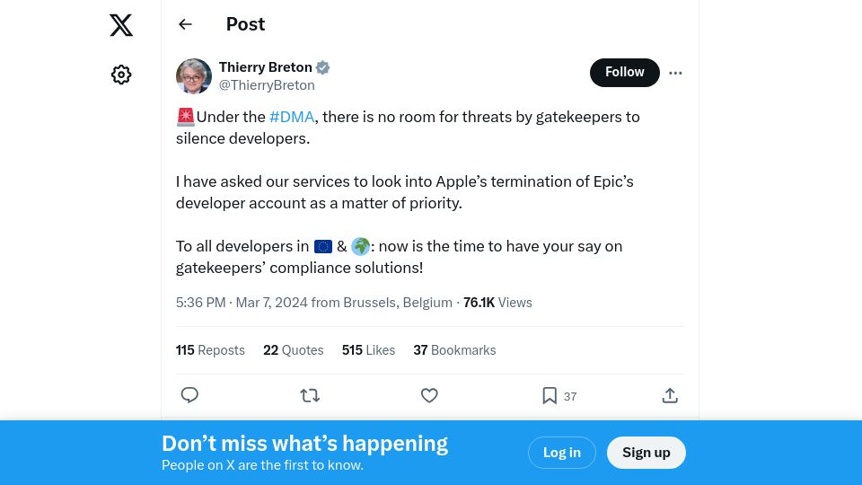 Screenshot of twitter.com: Thierry Breton: Under DMA, there is no room for threats by gatekeepers