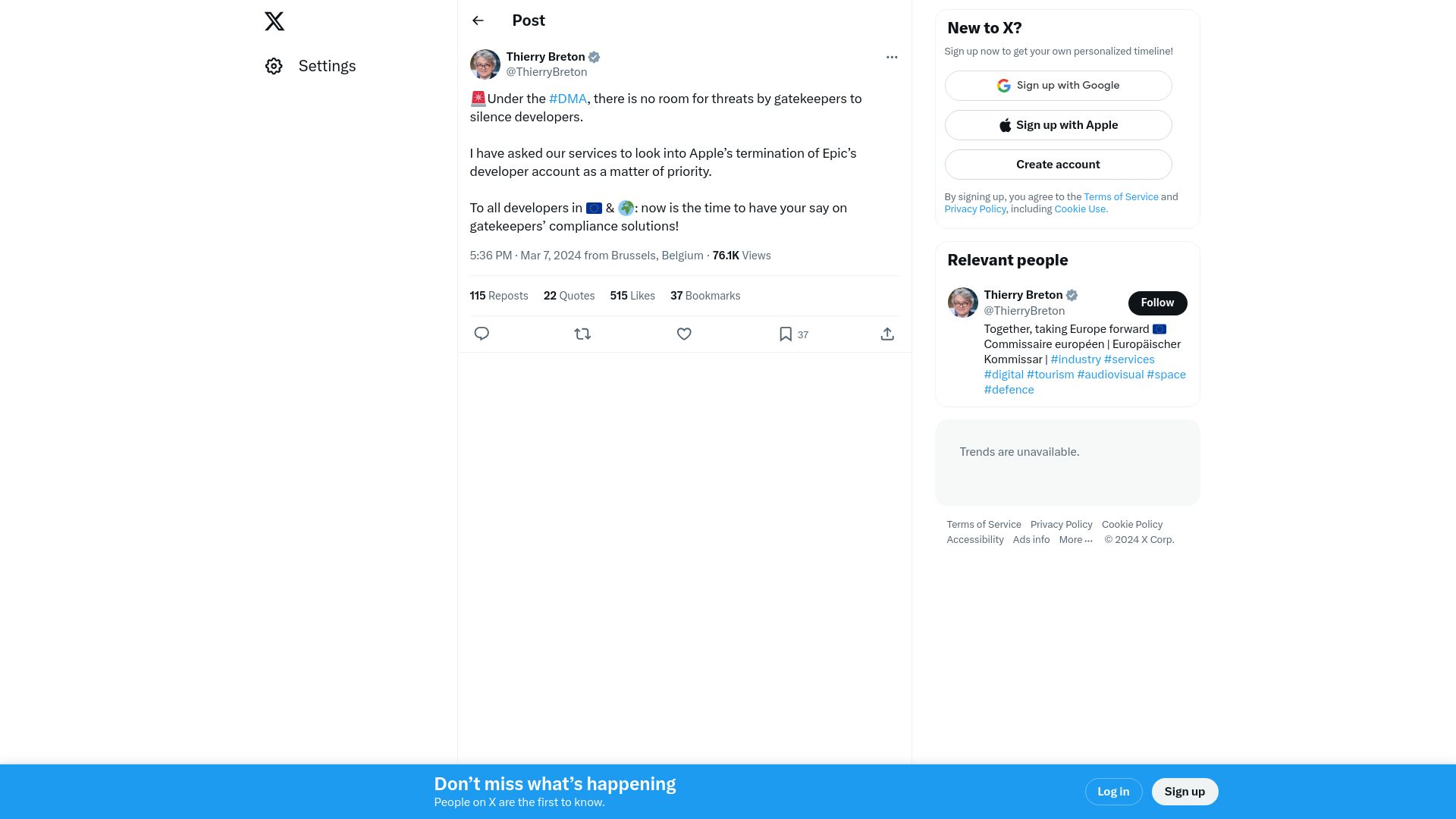 Screenshot of twitter.com: Thierry Breton: Under DMA, there is no room for threats by gatekeepers