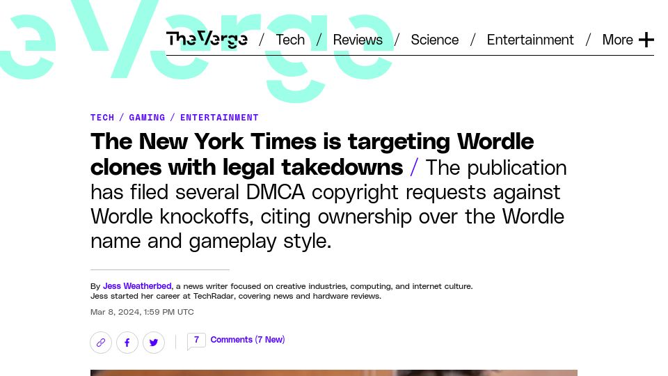 Screenshot of theverge.com: New York Times is targeting Wordle clones with DMCA takedowns
