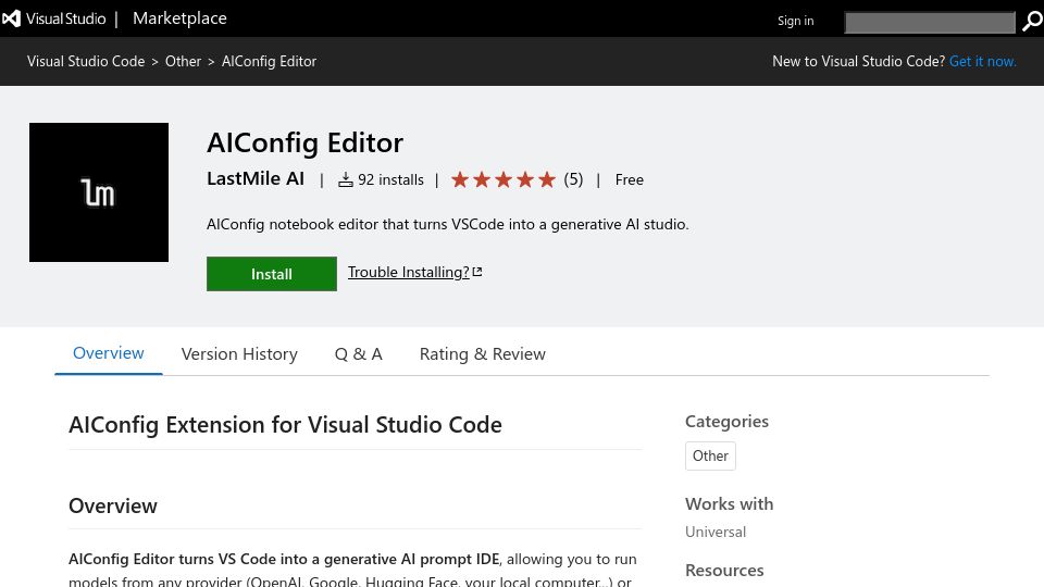 Screenshot of marketplace.visualstudio.com: VS Code: Prompt Editor for LLMs (GPT4, Llama, Mistral, etc.)