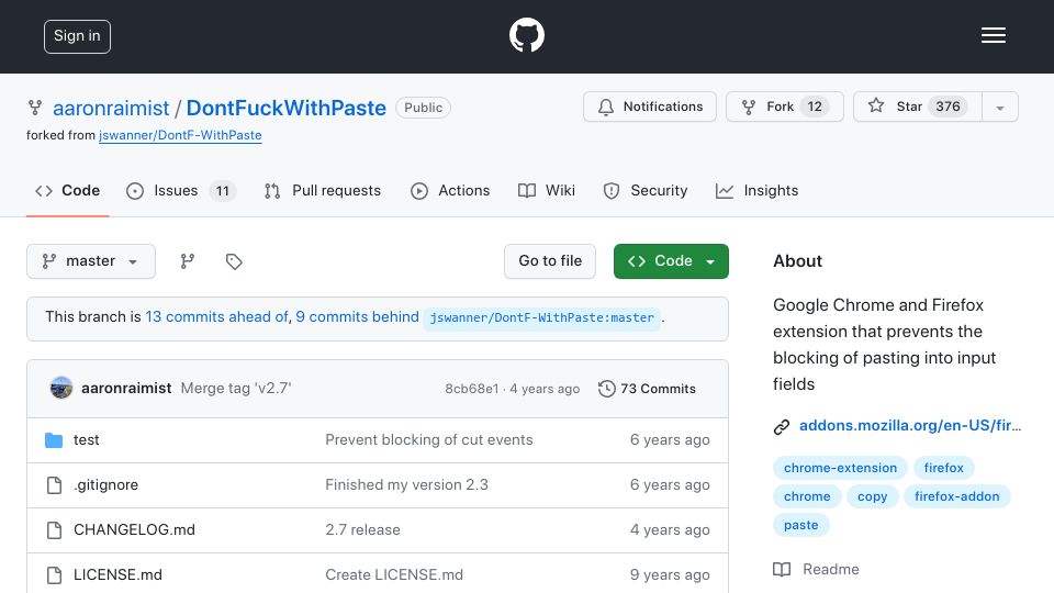Screenshot of github.com: Don't fuck with paste