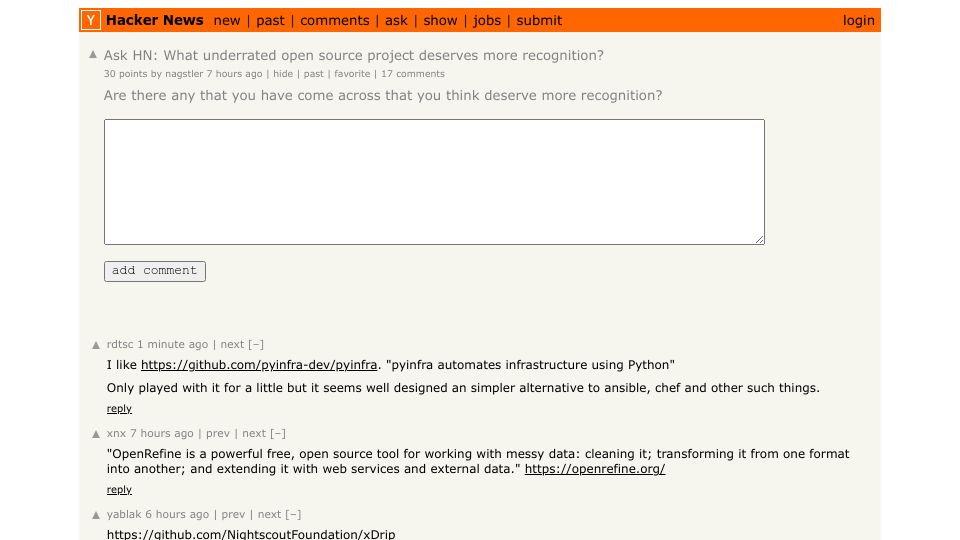 Screenshot of Hacker News post: Ask HN: What underrated open source project deserves more recognition?