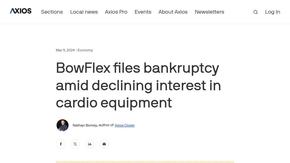 Screenshot of axios.com: BowFlex files for bankruptcy amid declining interest in cardio equipment