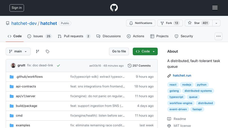 Screenshot of github.com: Show HN: Hatchet – Open-source distributed task queue