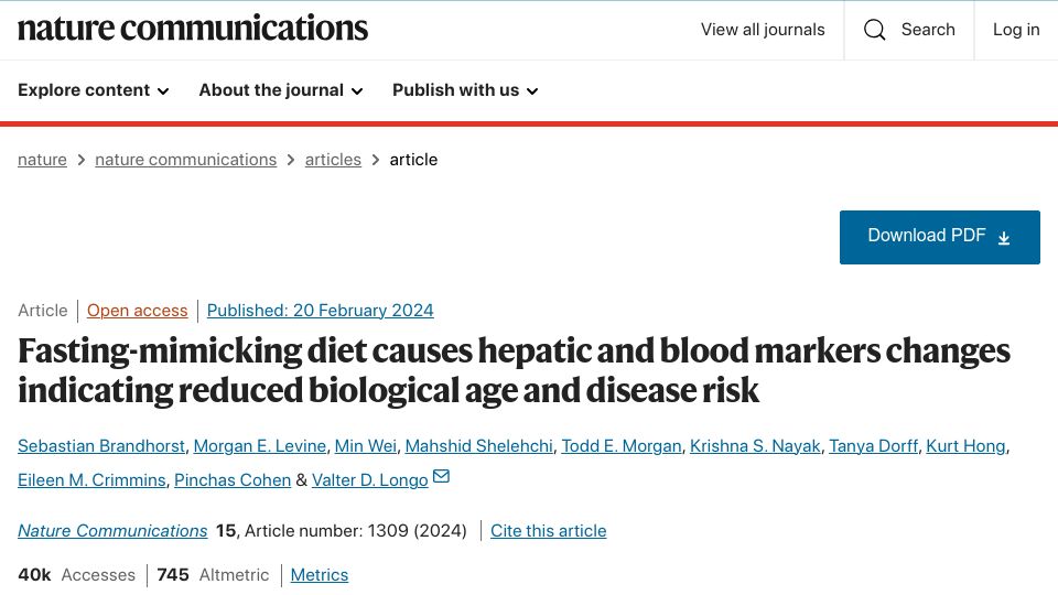Screenshot of nature.com: Fasting-mimicking diet causes markers indicating reduced age and disease risk