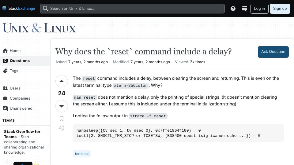 Screenshot of unix.stackexchange.com: Why does the `reset` command include a delay? (2017)