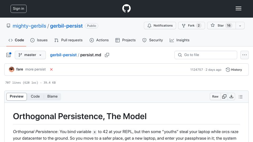 Screenshot of github.com: Orthogonal Persistence