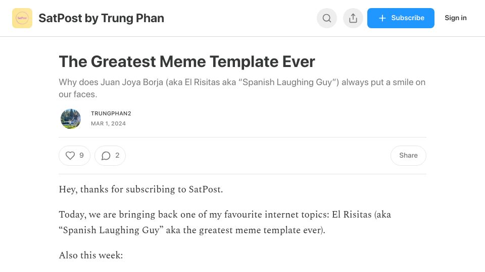 Screenshot of readtrung.com: The Greatest Meme Template