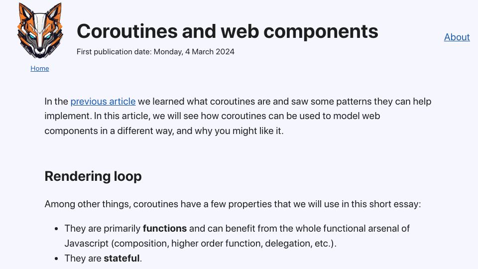 Screenshot of lorenzofox.dev: Coroutines in JavaScript for web components