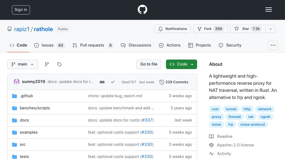 Screenshot of github.com: Rathole – A lightweight reverse proxy in Rust like frp and ngrok