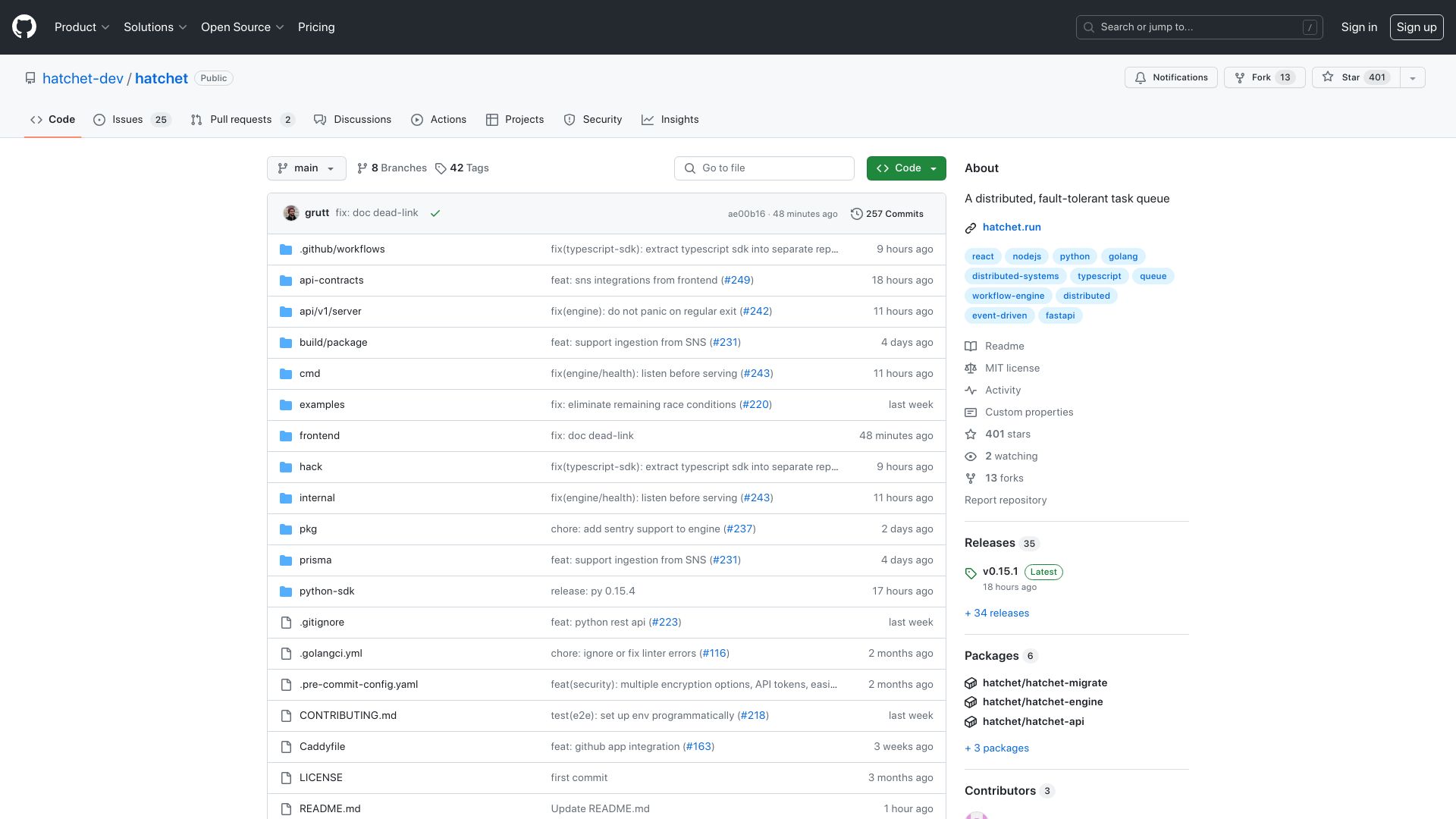 Screenshot of github.com: Show HN: Hatchet – Open-source distributed task queue