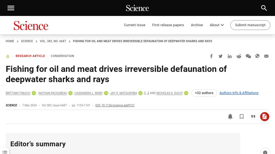 Screenshot of science.org: Fishing for oil and meat drives defaunation of deepwater sharks and rays