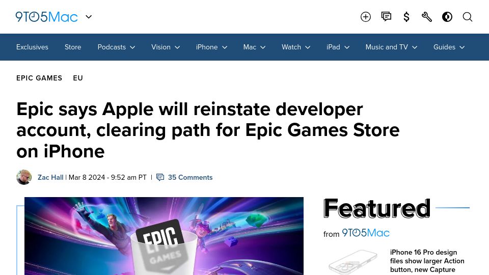Screenshot of 9to5mac.com: Epic says Apple will reinstate developer account