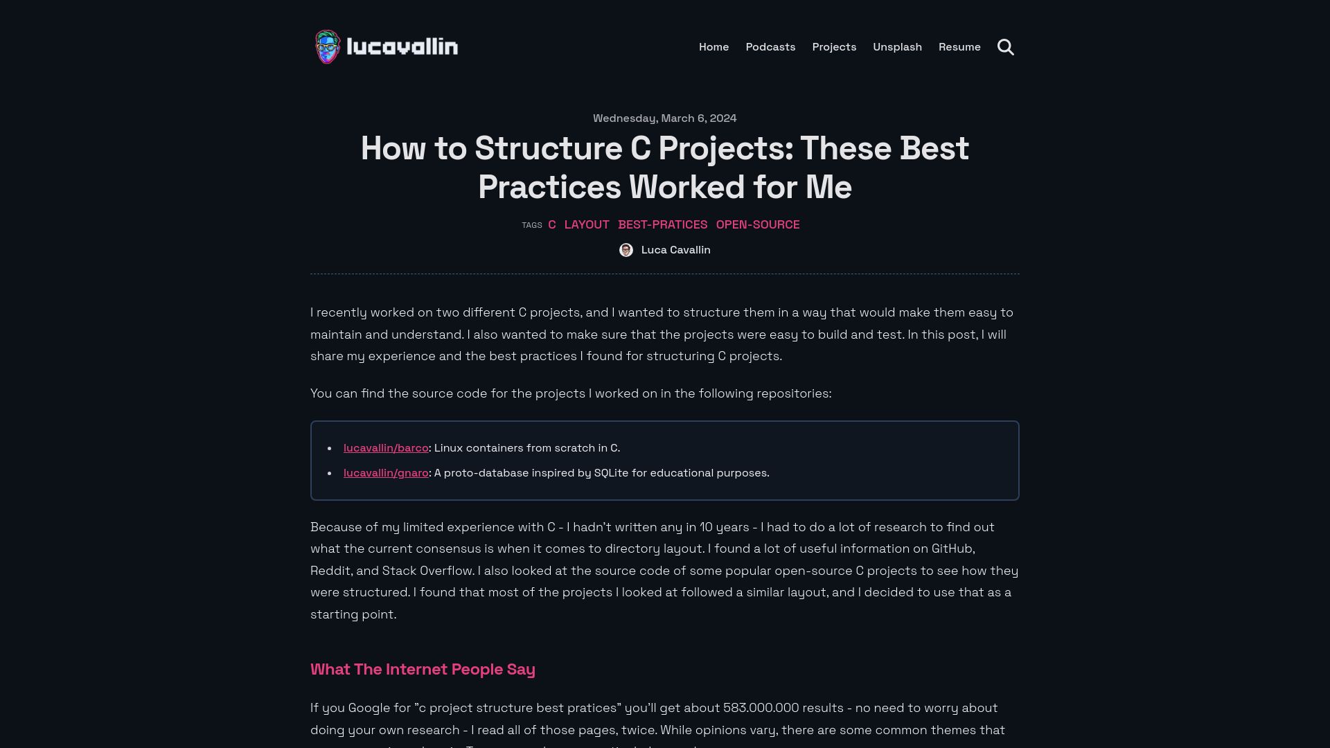 Screenshot of lucavall.in: How to Structure C Projects: These Best Practices Worked for Me