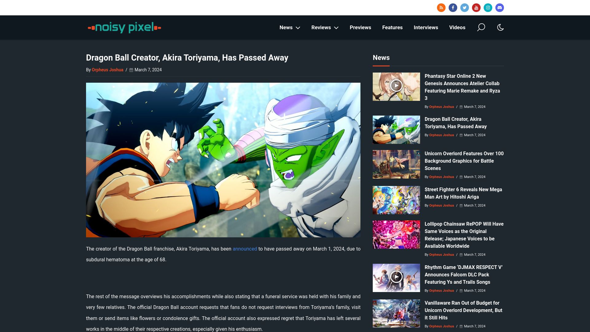 Screenshot of noisypixel.net: Akira Toriyama has died