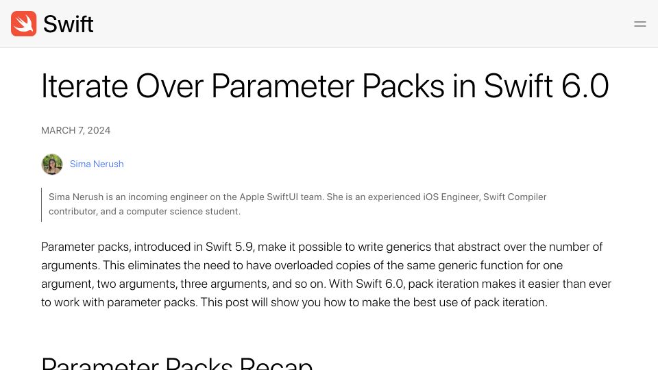 Screenshot of swift.org: Iterate over Parameter Packs in Swift 6.0