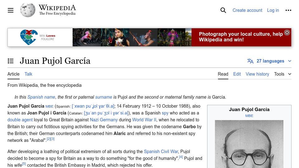 Screenshot of en.wikipedia.org: WWII: Failed novelist becomes a spy for Germany, makes up a fake spy network