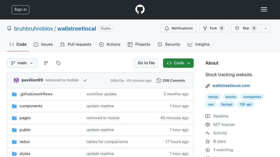 Screenshot of github.com: Show HN: Wallstreetlocal – View investments from America's biggest companies