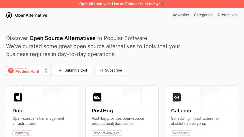 Screenshot of openalternative.co: Show HN: A directory of open source alternatives to proprietary software