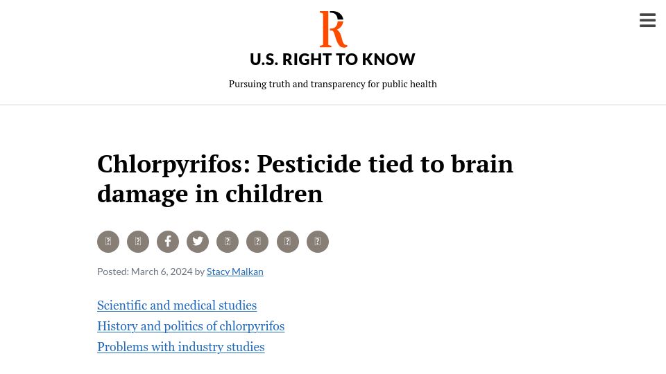 Screenshot of usrtk.org: Chlorpyrifos: Pesticide tied to brain damage in children
