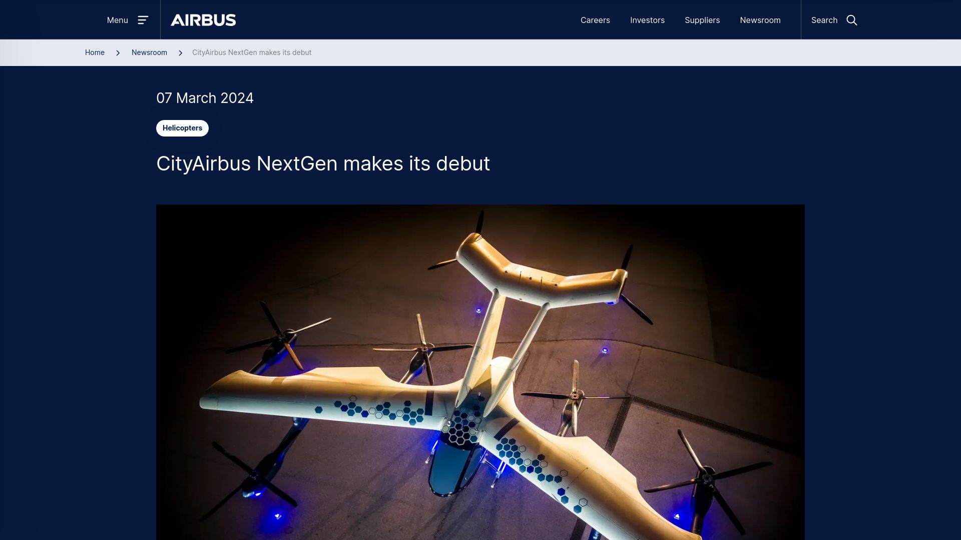 Screenshot of airbus.com: Airbus electric air taxi makes its debut
