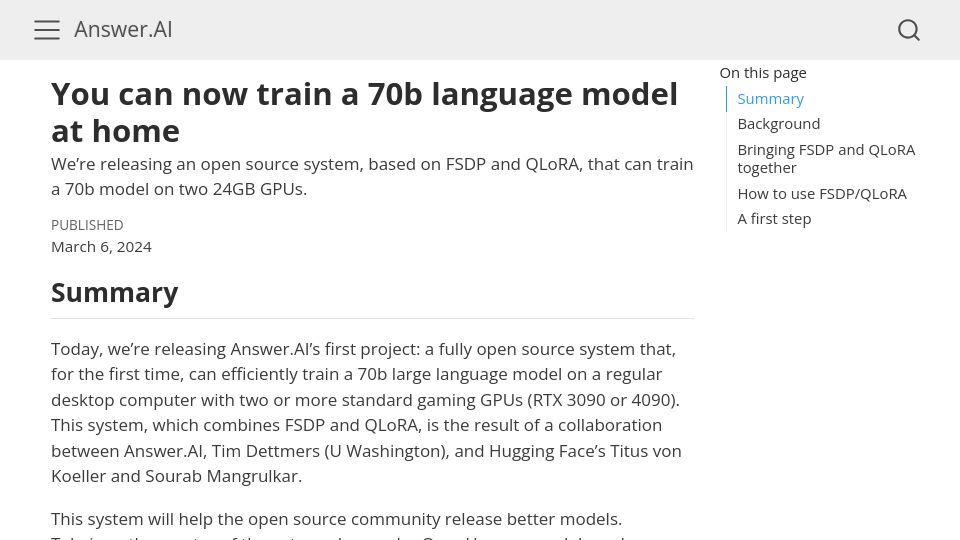 Screenshot of answer.ai: Fine tune a 70B language model at home