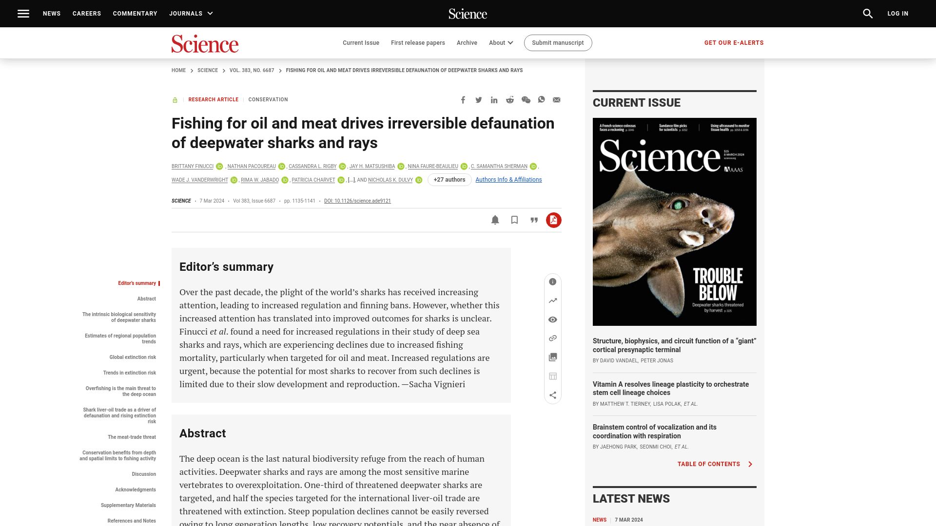 Screenshot of science.org: Fishing for oil and meat drives defaunation of deepwater sharks and rays